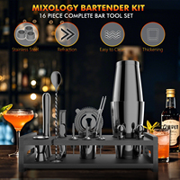 Ensemble de shaker à cocktails, kit de barman, sac professionnel, outil de shaker à cocktails en acier inoxydable, ensemble d'outils de mixologie de bar avec support en bambou
