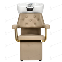 Fauteuil de coiffure de luxe doré, fauteuil de barbier, ensemble de mobilier de salon de coiffure, fauteuil de coiffure, lit de lavage en céramique, station de salon marron