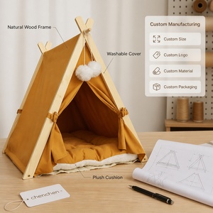 Tente <span class=keywords><strong>tipi</strong></span> pour chat en bois, structure en bois naturel, housse en toile lavable, coussin en peluche, pompons, <span class=keywords><strong>lit</strong></span> pour chat d'intérieur, chatons - Product Image 2