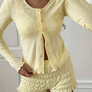 Conjunto de Dos Piezas de Cárdigan de Moda QINSI, Pijama de Manga Larga con Pantalones Cortos, Conjunto de Pijama con Cuello Redondo y Estampado de Corazón para Mujer - Product Image 5