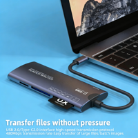 Lector de Tarjetas USB3.0 de Alta Velocidad Seis en Uno de Aleación de Aluminio para Laptop USB-C, Compatible con Tarjetas SD, XD, TF, CF, MS, M2 e Instalación Externa