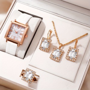 Orologio al Quarzo di Lusso alla Moda per Donna con Bracciale Quadrato con Gemme, Set di Gioielli con Orecchini e Collana, Regalo per Ragazze - Product Image 5