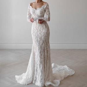 Mily gaun pengantin MW406 leher V, gaun pernikahan putri duyung lengan panjang ekor dapat dilepas, gaun pengantin renda romantis - Product Image 1