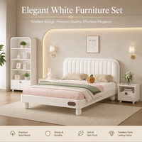 Cama Infantil de Madera de Roble Macizo de Primera Calidad, Pintura Ecológica a Base de Agua, Cuero Blanco a Rayas, Muebles Modernos y Elegantes para Niños y Niñas