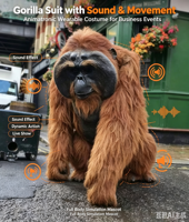 Costume de gorille animatronique réaliste grandeur nature, tenue de mascotte singe portable pour adulte, idéal pour les événements de parcs à thème et les spectacles d'Halloween