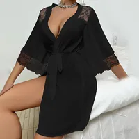 Robe de nuit longue transparente en dentelle et maille de chiffon, sexy, pour la vente en gros