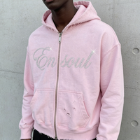 Sweat à capuche zippé en coton 100% de haute qualité pour homme, avec logo personnalisé en strass, coupe oversize, style streetwear vieilli, collection printemps