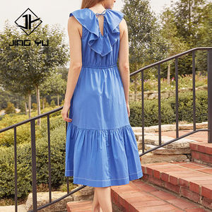 2026 <b>Summer</b> Coastal Style Wrinkle-Resistant Ruffled V-Neck Midi <b>Dress</b> Custom Organic Cotton <b>Beach</b> <b>Dress</b> - Product Image 2