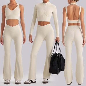 YIYI Set Yoga 3 Pezzi <span class=keywords><strong>con</strong></span> Zip e Collo Alto per <span class=keywords><strong>Donne</strong></span>, Leggings a Vita Incrociata e Gamba Larga, Completo Fitness da Palestra, Abbigliamento Sportivo per <span class=keywords><strong>Donne</strong></span> - Product Image 2