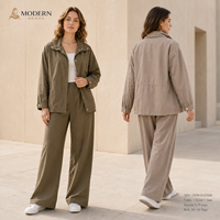 Ensemble coordonné modeste : Veste utilitaire à boutons-pression et pantalon large en coton et lin, couleur olive – Fabrication OEM/ODM sur mesure