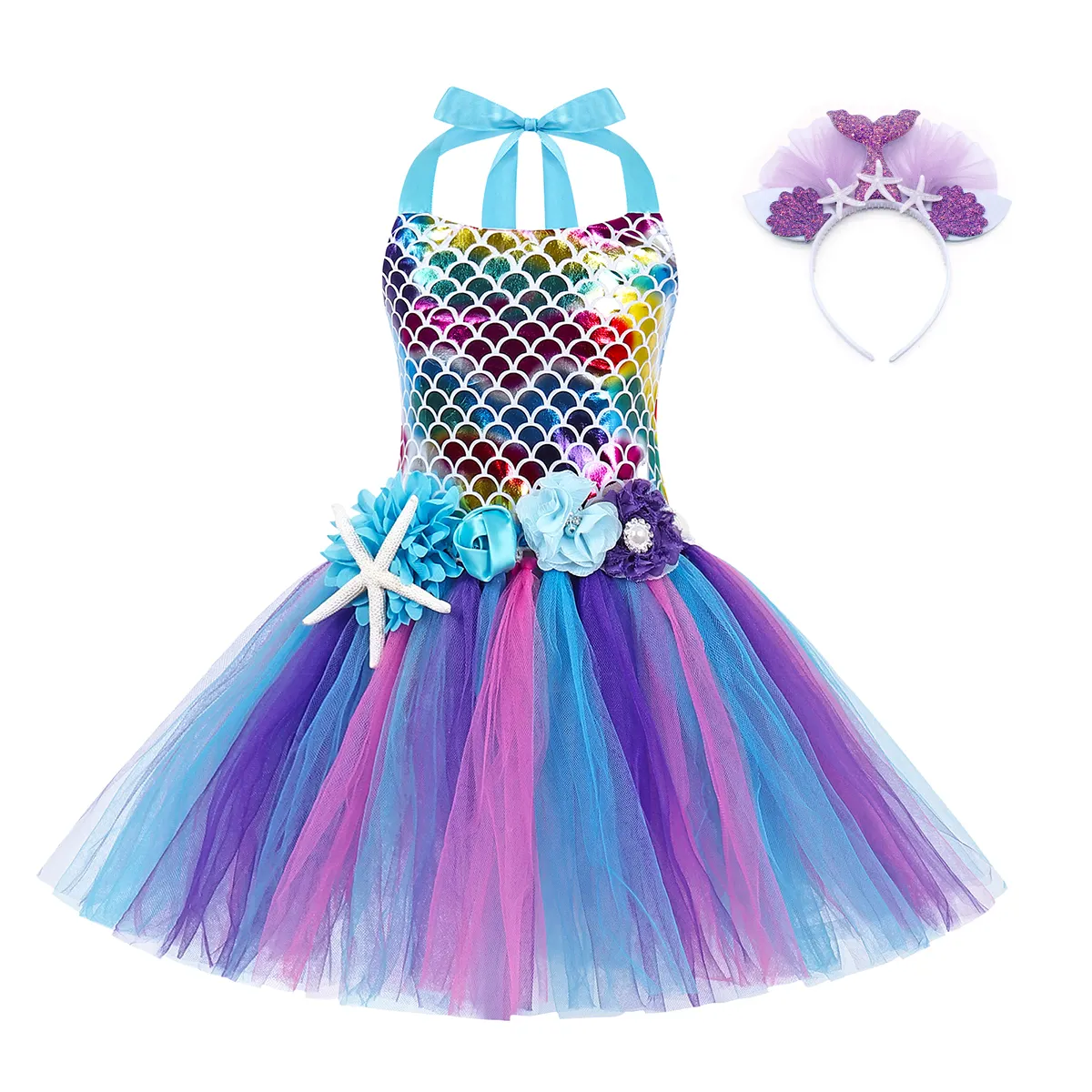 Jurebecia - Vestido de sereia para meninas, princesa de Halloween, vestido de festa de tule, malha arco-íris, saia tutu, lantejoulas, escamas de peixes, roupa de festa