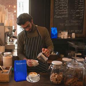 Sacs à café bleus brillants avec pochettes debout à valve (toute taille peut être personnalisée) Valve de dégazage Sacs de stockage des aliments à bande ouverte facile - Product Image 3