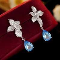 YBO Luxus Silber Ohrringe natürliche Birne blau Topas Edelstein Anhänger modische Iris Flower Drop Design für Hochzeits feier