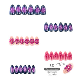 30 faux ongles exquis en amande 3D à motifs floraux, style français ondulé, prêts à poser pour manucure DIY, usage quotidien, fête, vente en gros - Product Image 3
