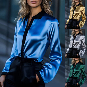 Camisa de manga larga de poliéster satinado con cuello en V y botones para mujer, color liso, estilo otoñal y adorable - ¡Superventas para plataformas independientes! - Product Image 1