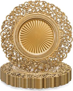 Assiettes de présentation en plastique doré antique de 13 pouces, décorées de motifs floraux ajourés, pour la décoration de table de mariage ou de fête. - Product Image 1