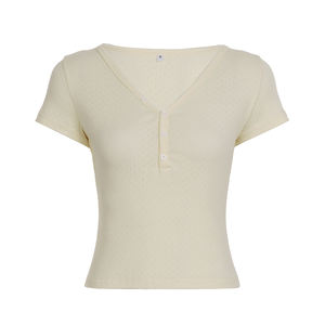 Camiseta Casual de Manga Corta con Cuello en V para Mujer, Minimalista, Básica, de Color Sólido, Tejido Texturizado, Transpirable, de Spandex/Poliéster - Product Image 6