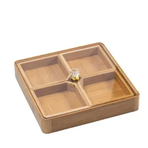 Acrylic Lid Bamboo Square Serving Tray Divided Platter with Lid for Snack Fruit Dry Fruit