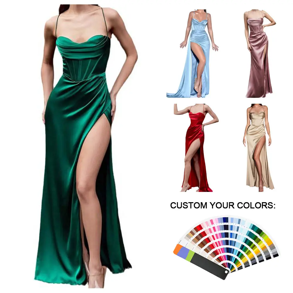 Sleeveless Black Crystallized Corset High Slit Satin Gown One Shoulder Maxi Dress Woman With Slit