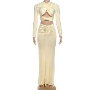 New Fashion Solid Color <b>Sexy</b> Cutout Long Sleeve Ruched Bodycon Two-Piece <b>Set</b> for Women Fashion - Product Image 4