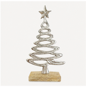 Handcrafted Antique Silver Aluminum Metal <b>Christmas</b> <b>Tree</b> Sculpture with Sturdy Wooden <b>Base</b> <b>For</b> Modern Home Holiday Tabletop - Product Image 2