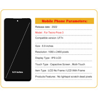 Applicable à la transmission audio, écran LCD TFT pour téléphone mobile TECNO Pova 3, assemblage de cadre d'écran intérieur et extérieur