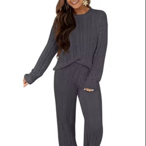 <span class=keywords><strong>2025</strong></span> מותאם אישית נשים הסוודר לנשימה לסרוג להגדיר מתאים רגיל מזדמנים שרוול ארוך ומקל סרוג סוודר ומכנסיים - Product Image 1