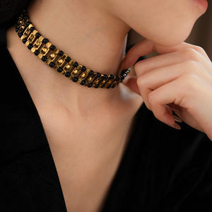 قلادة حجر عقيق أسود بوهيمي مطرز بالخرز من سبيكة مطلية بالذهب من حجر الراين قلادات قلادات كلاسيكية - Product Image 2