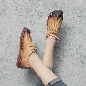 Nouvelles chaussures plates à lacets en cuir de vachette, style ethnique rétro, faites à la main, avec semelle souple et couleurs assorties - Product Image 1