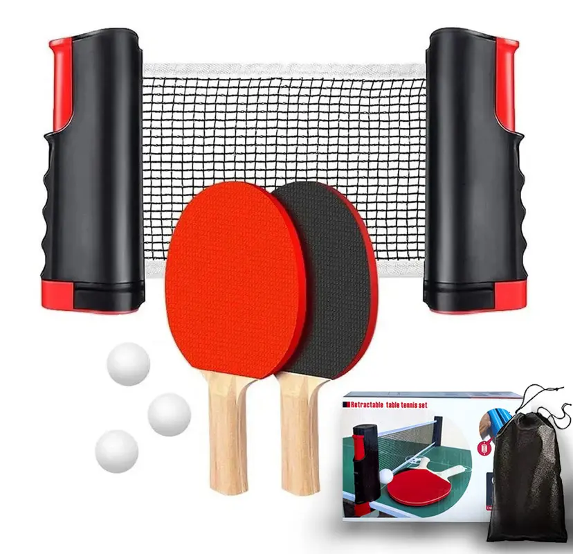 अनुकूलित पिंग पोंग सेट 4प्लेयर प्रोफेशनल वुड टेबल टेनिस रैकेट पिंग पोंग बैट सेट पोर्टेबल नेट के साथ 4 बॉल्स