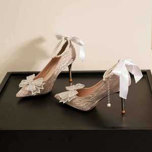 Chaussures de mariée en cristal pour femme, à bout pointu, talon aiguille, bride perlée, tendance mode, talon haut - Product Image 3