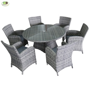 Phong Cách Hiện Đại Chất Lượng Cao Patio <span class=keywords><strong>Wicker</strong></span> Mây Dệt Ngoài Trời Vòng Bàn Ăn Và 6 Mảnh Ghế Đặt - Product Image 2