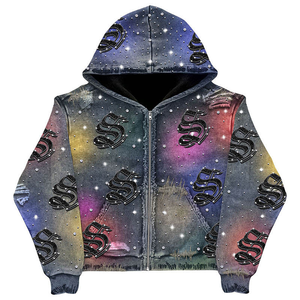 Moletom Vintage Personalizado de Inverno Lavado e Desbotado para Homens, Fabricação OEM, Jaqueta com Zíper de Algodão Pesado 100% com Strass - Product Image 3