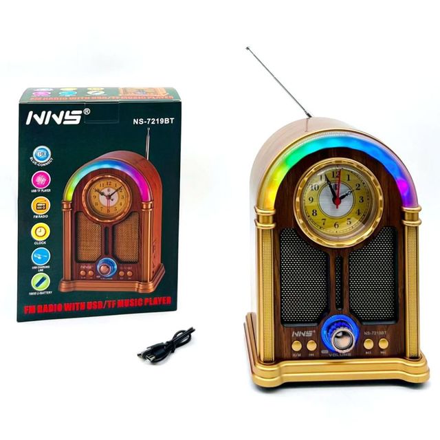 NS-7219BT Vintage Style Portable Speaker with FM Radio, Wireless BT, Clock Display, RGB Multi-Color Lights, USB/TF/AUX