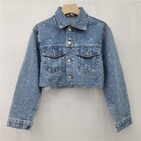 Ensemble deux pièces décontracté OUDINA pour femme : veste courte ornée de strass et jean taille haute ample en denim