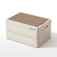Caisse de rangement pliable robuste en plastique avec couvercle en bois et poignée, portable pour camping, pique-nique, extérieur, organisateur de table, bac de rangement pour coffre de voiture