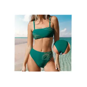 Pakaian renang mewah tali belahan Bikini kustom tinggi motif bunga setelan hijau seksi