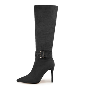 Bottes longues à talon fin en daim souple grande taille 47, coupe large, talons aiguilles, boucles métalliques, bottines hautes pour femmes - Product Image 3