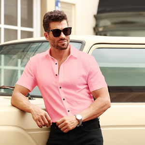 Chemise boutonnée décontractée à manches courtes pour hommes, couleur unie, hippie yoga, hauts de plage d'été unis - Product Image 2