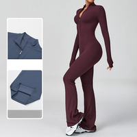 Combinaison de sport une pièce pour femme, zippée, manches longues, coupe évasée, bretelles spaghetti, extensible, sans coutures