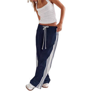 Pantalon décontracté élégant et ample pour femme, style sport rétro, à rayures latérales, coupe droite, respirant, anti-plis, collection Printemps-Été, OEM ODM - Product Image 1