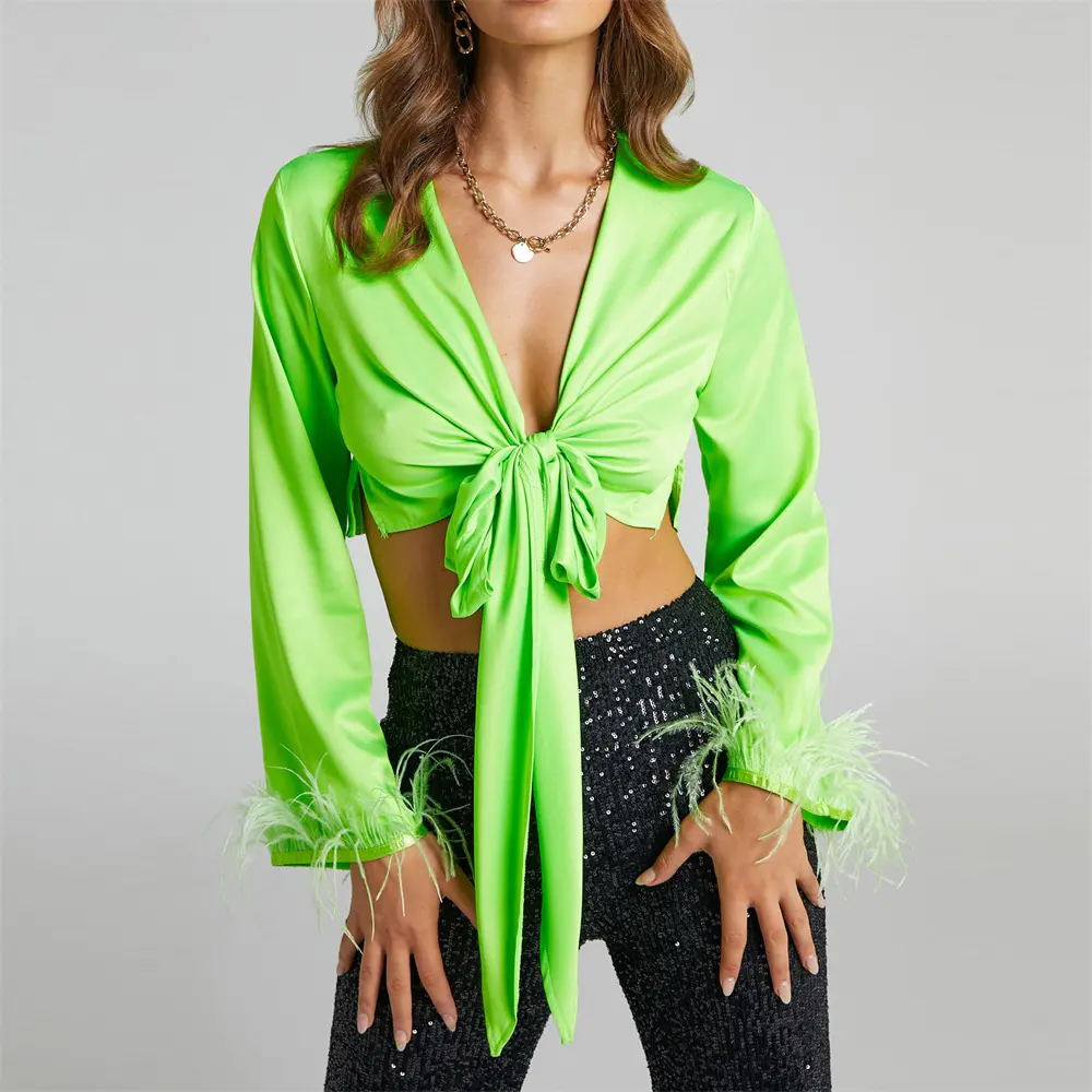 2022 New Arrivals Fashion Shape Comfortable Long Sleeve Feather Tops Green Short Satin Shirt Blouse Sexy Women