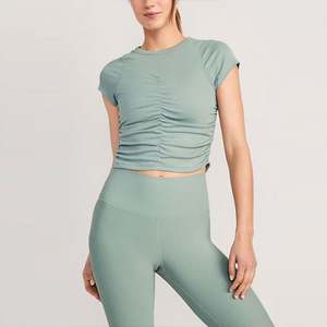 Tops cortos para mujer, camiseta plisada de manga corta con cuello redondo, camiseta de manga corta plisada de verano, camiseta informal ajustada de algodón para mujer - Product Image 4