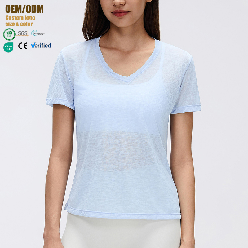 Yoga Wear Women's V-Neck Casual Loose Fit Solid Short-Sleeve T-Shirt Lightweight Quick-Dry Fitness Top