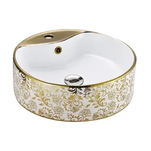 Runde porzellan waschbecken waschbecken gold überzogene schüssel lavabo mit leitungs loch