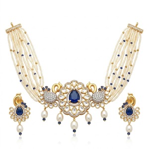 Traditional Blue Stone 925 Silver Pearl <b>Necklace</b> Set Gold Bridal Jewelry with Earrings Pearl Flower Design for Women Jewelry - Product Image 1