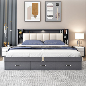 Hotel <b>Bed</b> King Size <b>Low</b> Price Solid Wooden <b>Frame</b> Gray Upholstered Storage <b>Bed</b> with Bookshelf Headboard For 3 Star Hotel Bedroom - Product Image 5