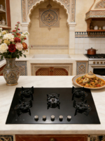 Kompor Gas Lipat 5 Tungku, Panel Kaca Hitam untuk Dapur Modern