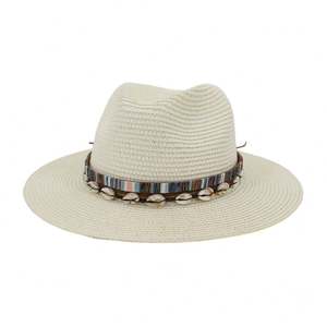 Chapeau de paille J356 pour hommes et femmes avec décoration en coquillage, chapeau de soleil d'extérieur, chapeau de paille pour la plage et les stations balnéaires - Product Image 1