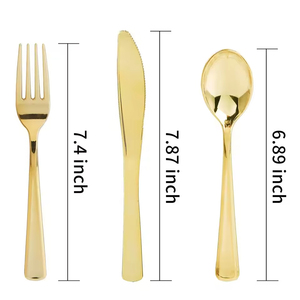 Ensemble de vaisselle en plastique <span class=keywords><strong>biodégradable</strong></span> personnalisable, kits de couverts jetables avec poignée dorée/argentée pour les mariages, les fêtes et la restauration - Product Image 2